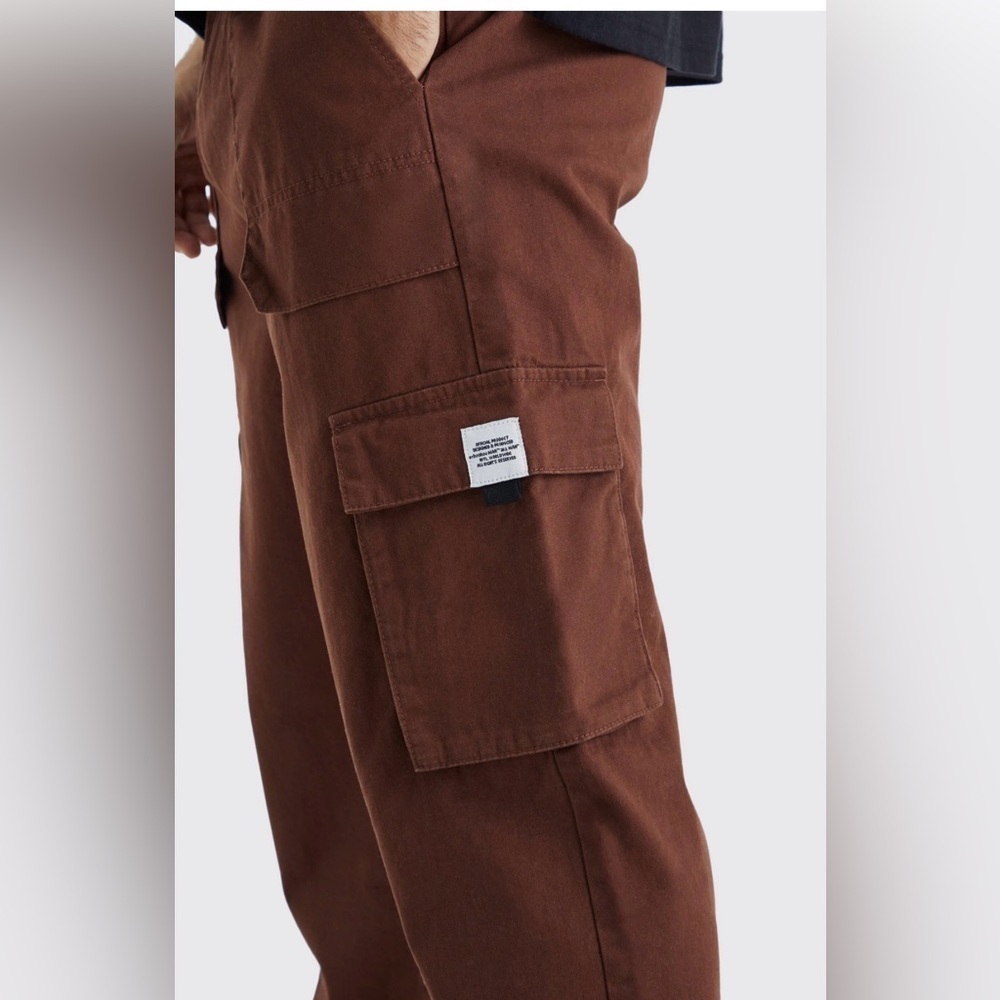 boohooman Mens Elastic Waist Cargo Belted Pants Dark Brown Medium Cotton - Picture 5 of 14